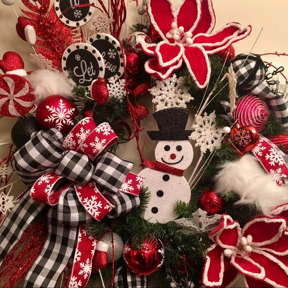 New Floral Designer Black Plaid Red White Poinsettia Snowman Christmas Wreath